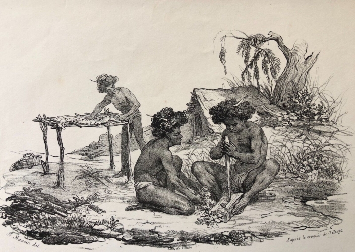 melanaisie_papouasie_nouvelle-guinee_ile_waiggiou_papous_faisant_du_feu_1836