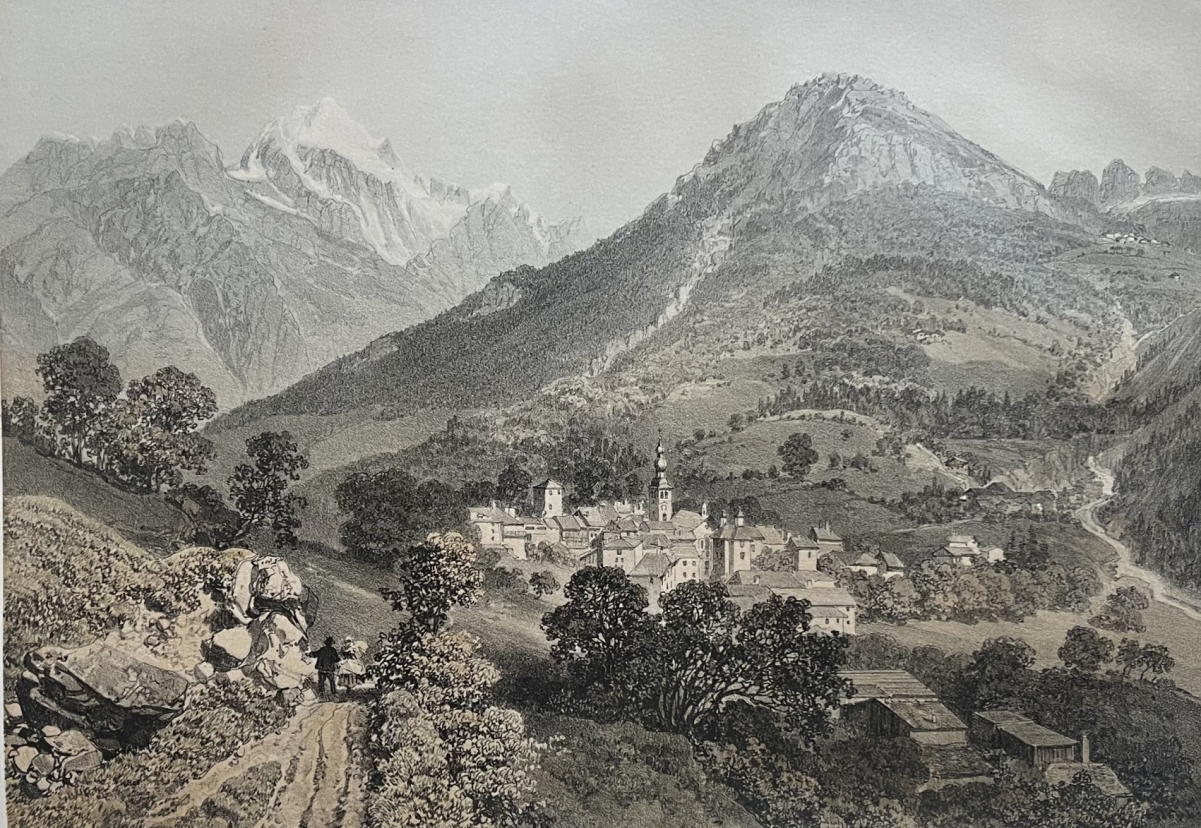 antique_french_lithograph_bozel_savoie_alpine_village_landscape_1864_alpes
