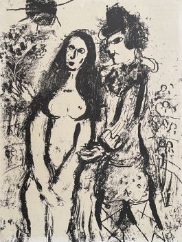 marc_chagall_lithographie_originale_monochrome_1963_le_clown_amoureux_superbe