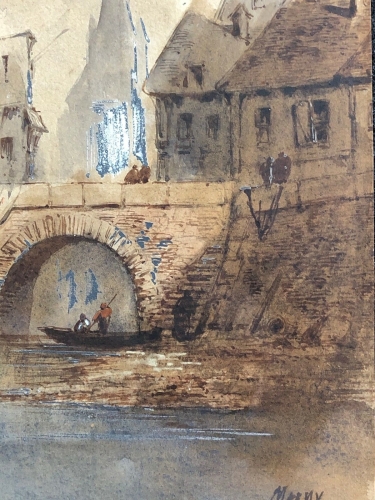 morlaix_finistere_paul_marny_signed_watercolour_showing_an_old_stone_bridge,_riverside_houses_and_a_boat