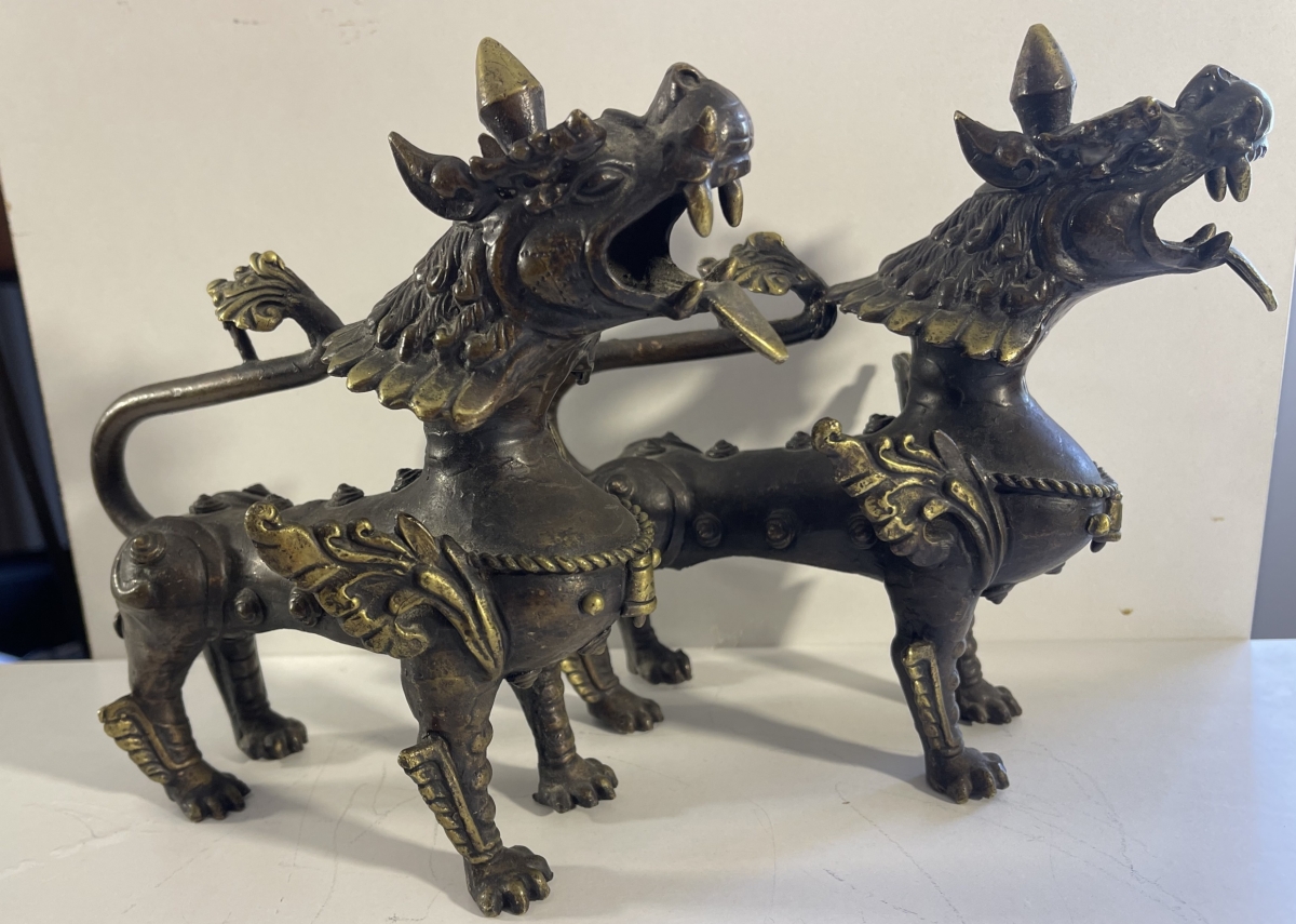 chine_pair_antique_chinese_bronze_mythical_guardian_beasts_male_female_19th