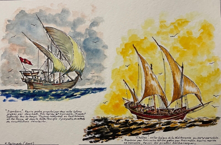 sambouc_ababe_et_chebec_aquarelle_de_n_palmade_2001_marine_italie_bateaux