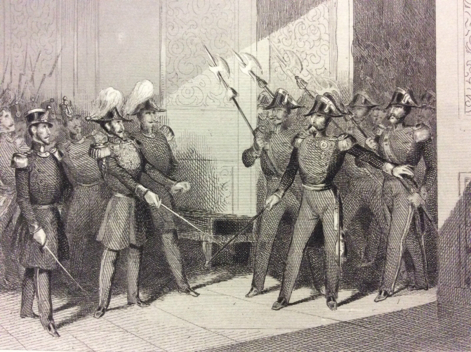hallebardiers_defendant_la_reine_d_espagne_estampe_gravee_de_guerin_1847