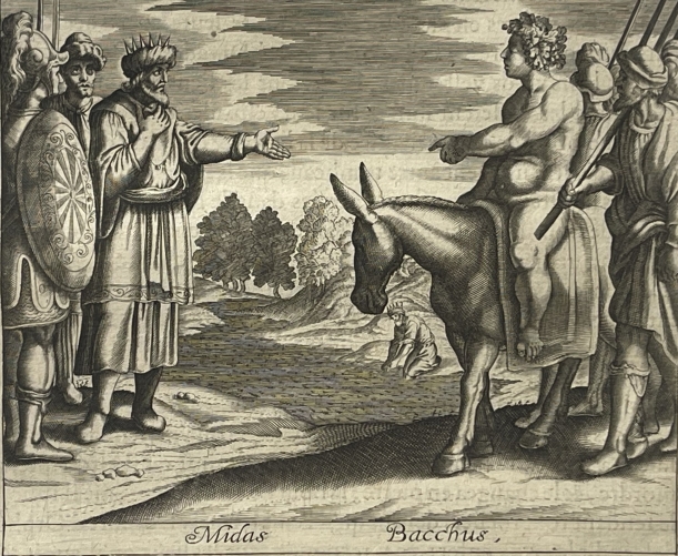 king_midas_and_bacchus_on_a_donkey_1619_ovid_metamorphoses_antique_print