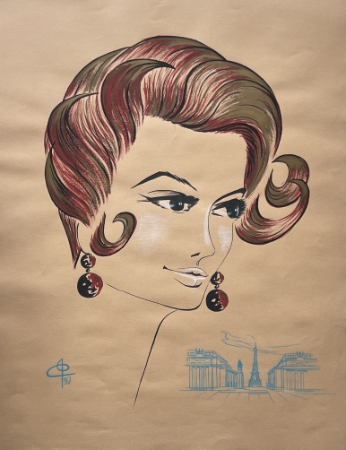 mode_paris_france_coiffure_1967_peinture_grande_technique_mixte_signee