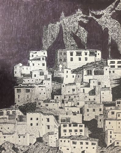inde_monastere_bouddhiste_dessin_a_lencre_anonyme_de_1993