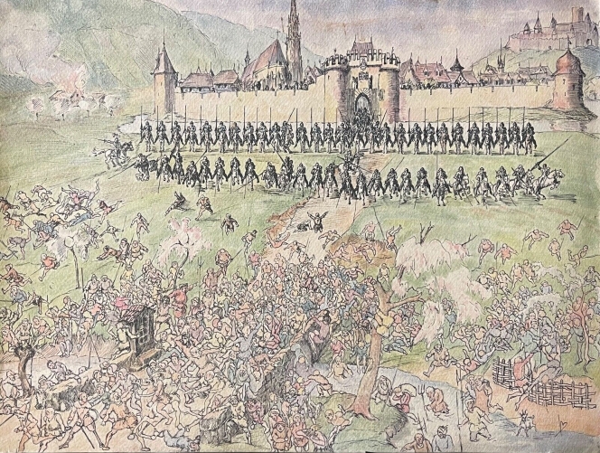 moyen_??ge_siege_ville_infanterie_et_chevaliers_aquarelle_et_encre_vers_1938