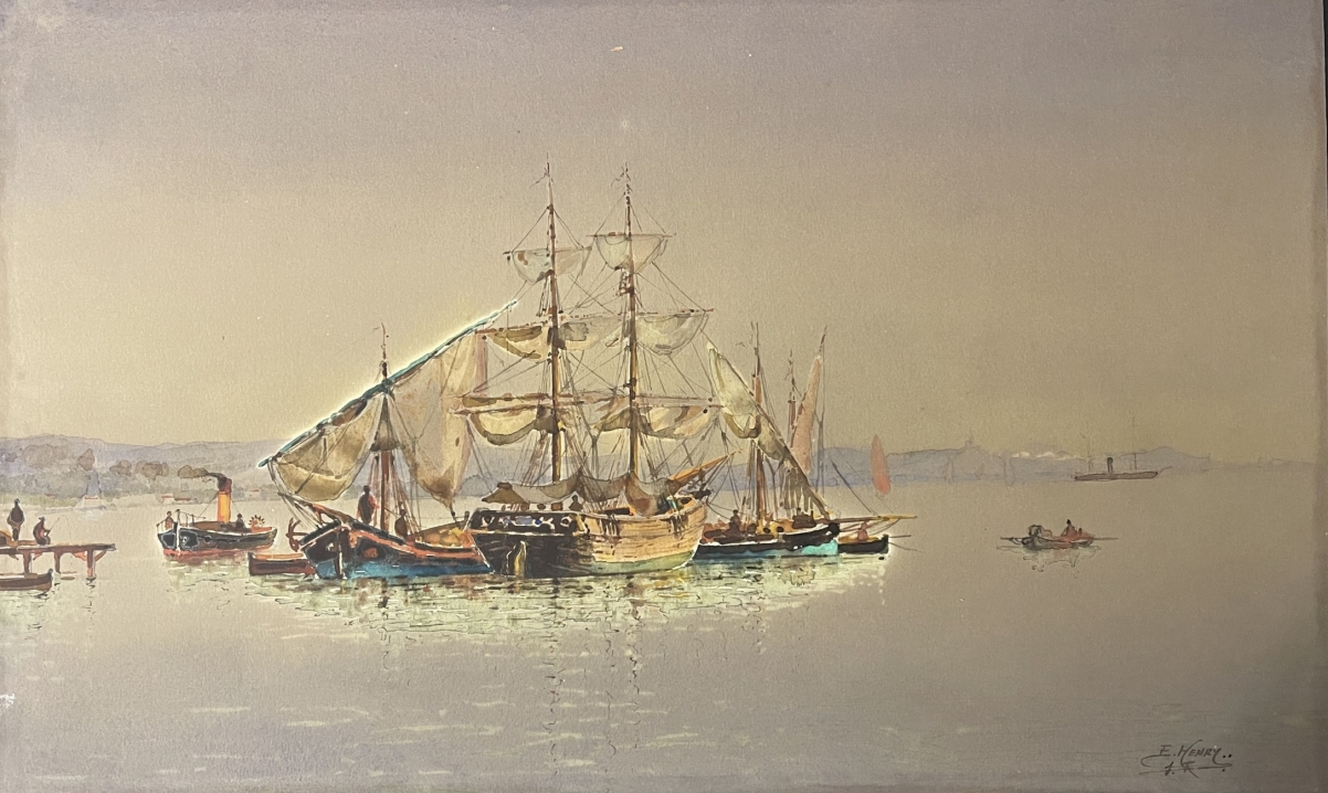 emile_henry_1842-1920_mouillage_la_joliette_marseille_aquarelle_originale_france