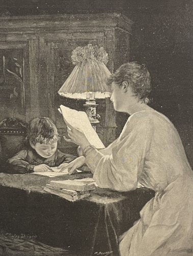 premiere_dictee_xylographie_c1885_education_orthographe_mere_enfant_ecole