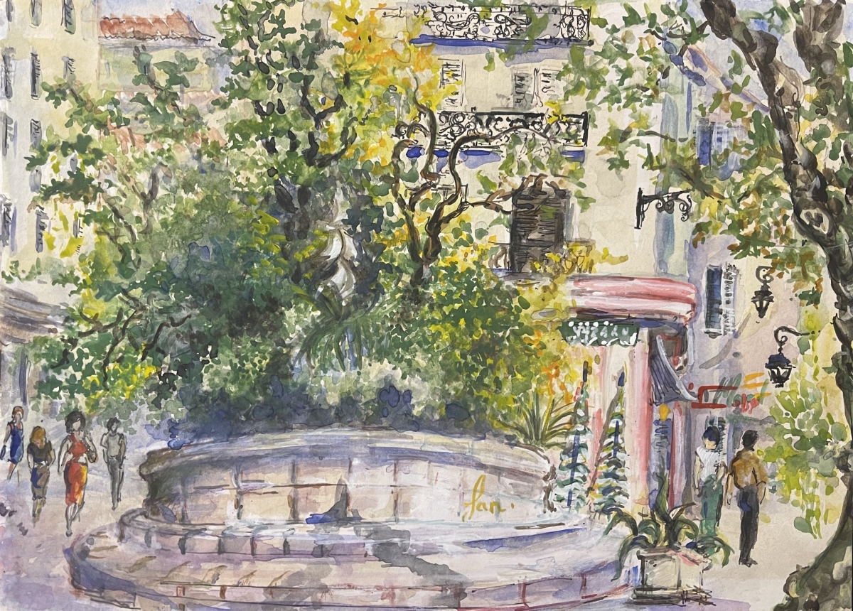 toulon_place_puget_la_fontaine_des_trois_dauphins_aquarelle_1991_provence_france
