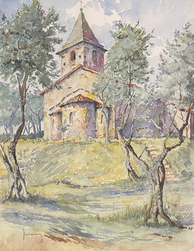 eglise_romane_a_priori_nouvelle-aquitaine_aquarelle_vers_1935_france