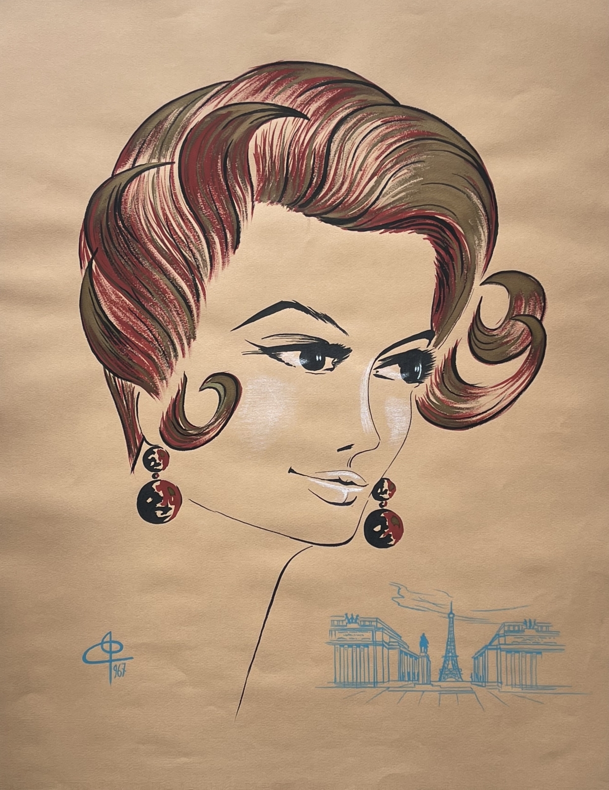 mode_paris_france_coiffure_1967_peinture_grande_technique_mixte_signee