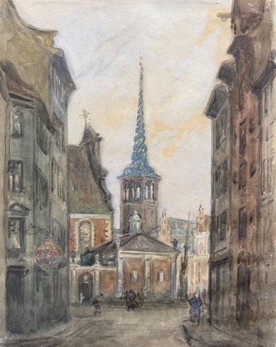 danemark_bourse_de_copenhague_et_sa_fleche_disparue_en_2024_gouache_vers_1900