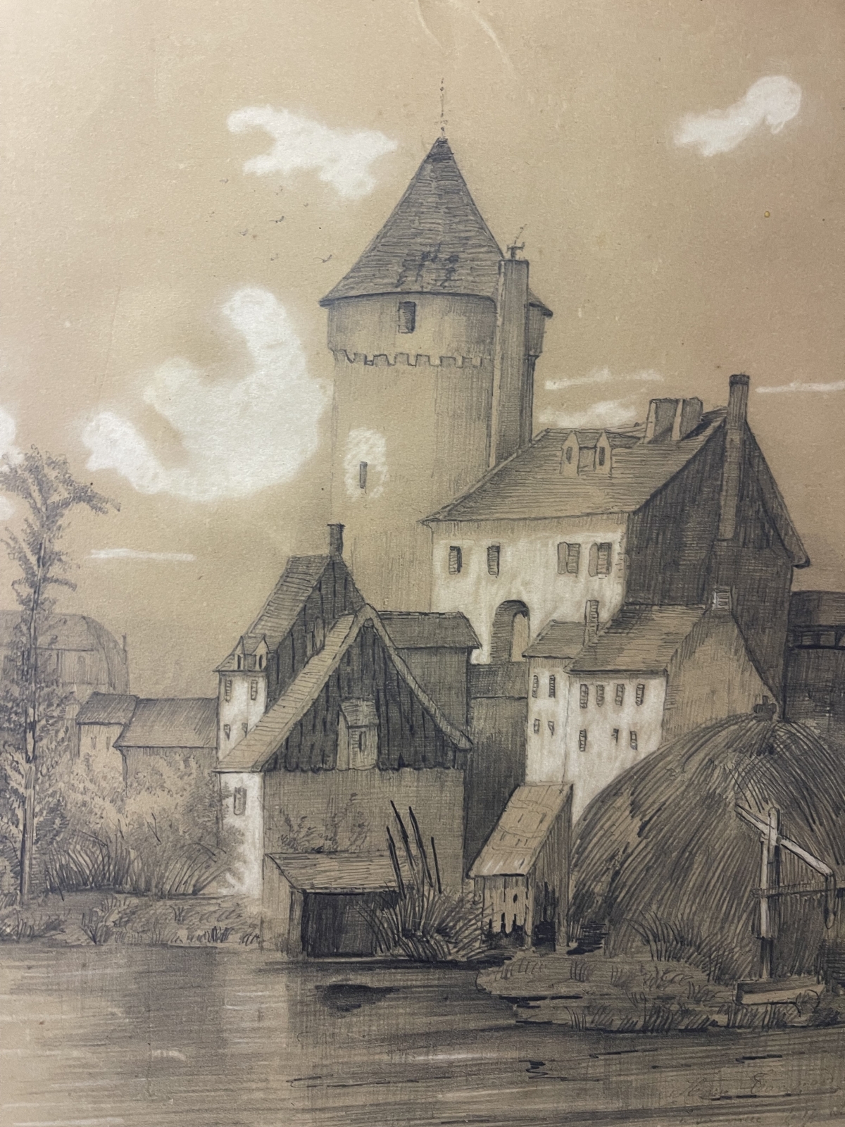aval_1865_france_castle_and_mayenne_river_signed_graphite_and_chalk_drawing