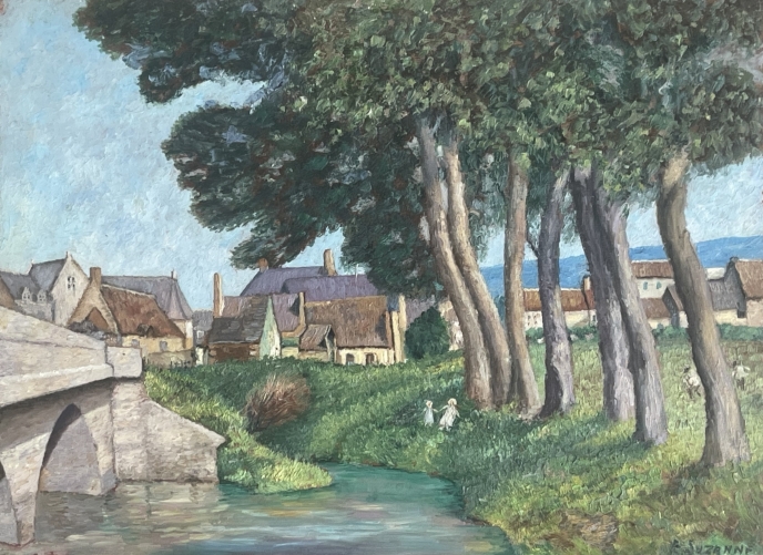 village_bord_de_riviere_villa_de_france_acrylique_sur_bois_vers_1980