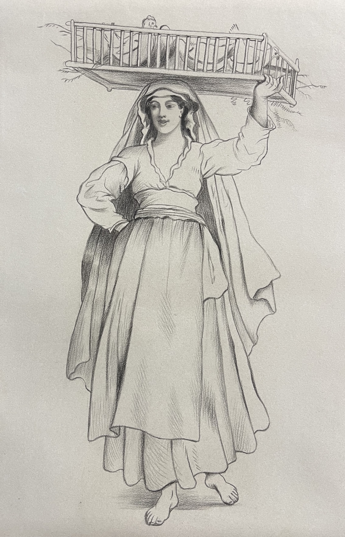 marchande_de_volailles_en_italie_dessin_vers_1860_poule_coq_poulet_oiseaux