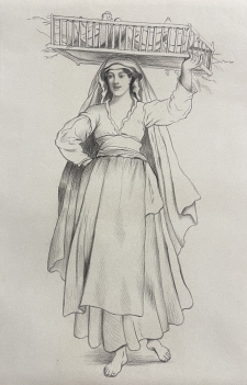 marchande_de_volailles_en_italie_dessin_vers_1860_poule_coq_poulet_oiseaux
