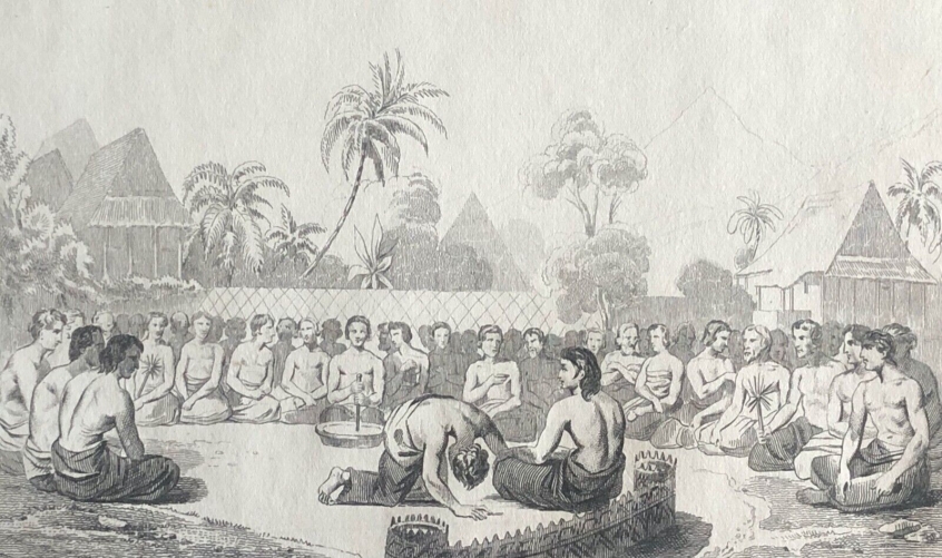 assemblee_buvant_le_cava_huttes_australie_oceanie_gravure_vers_1835
