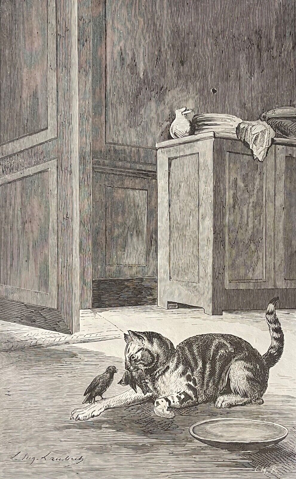 le_chat_et_les_deux_oiseaux_gravure_en_xylographie_c_1870_fable_de_la_fontaine