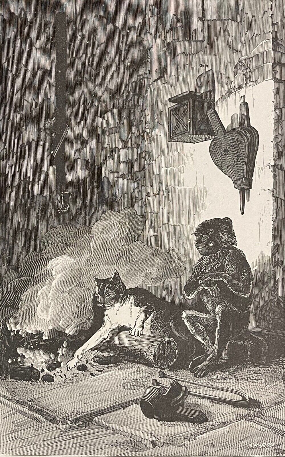 le_singe_et_le_chat_eugene_lambert_1825-1900_gravure_1870_fable_de_la_fontaine