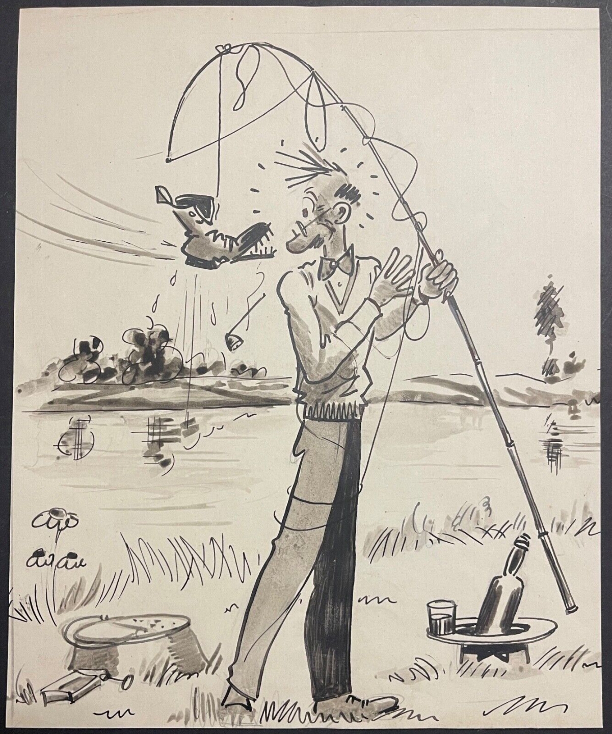 le_pecheur_chaussure_dessin_encre_humoristique_vers_1940_anonyme