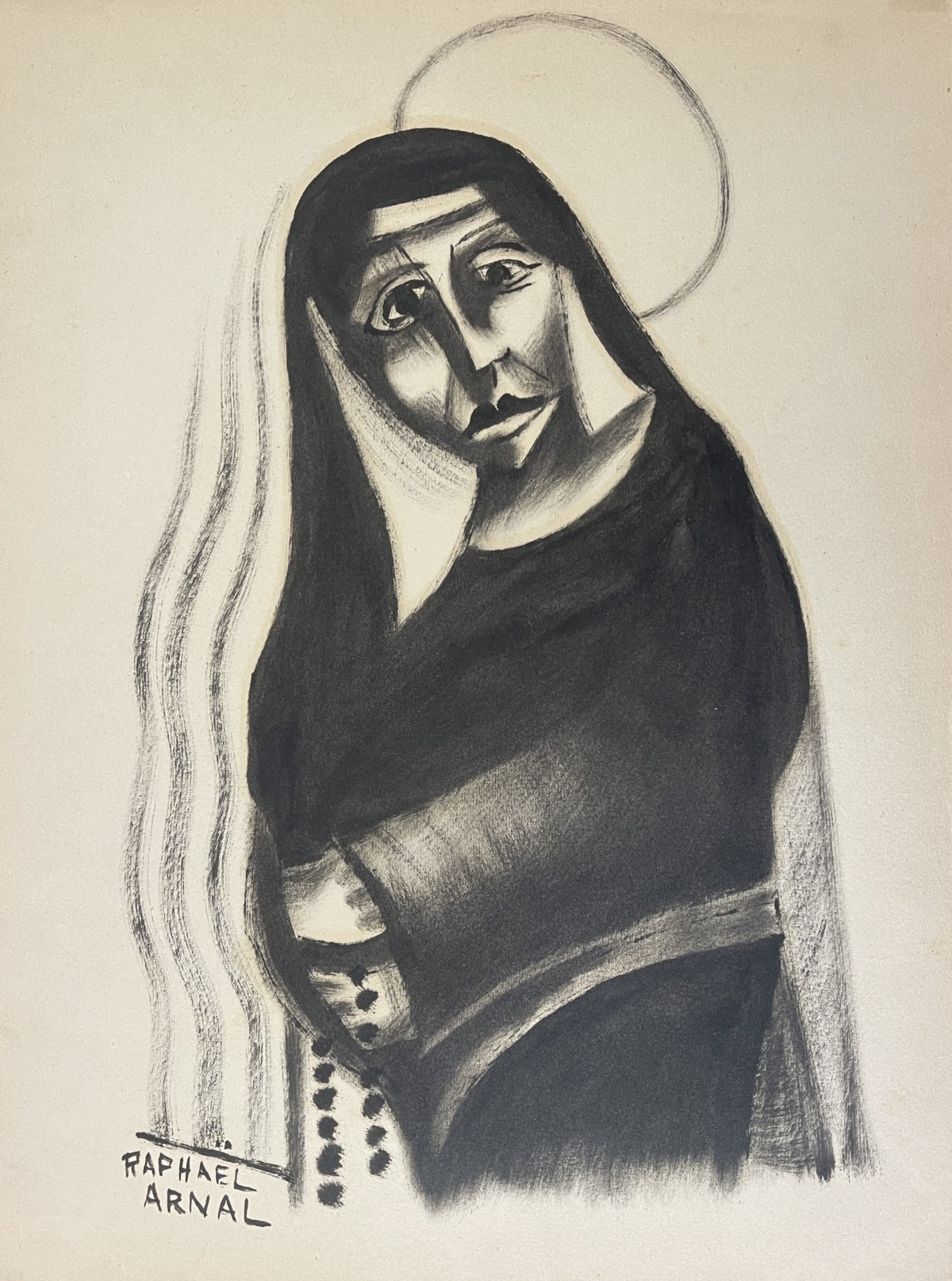vierge_douloureuse_raphael_arnal_c_1940_expressionnisme_fusain_et_pierre_noire