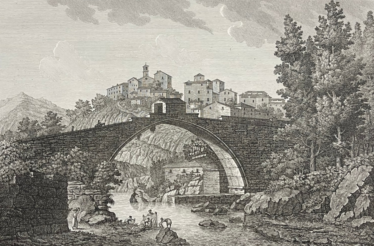 vicano_a_pelago_italie_gravure_originale_vers_1824_pont