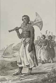 iles_tonga_chef_des_guerriers_en_costume_de_guerre_oceanie_1837_polynesie_hache