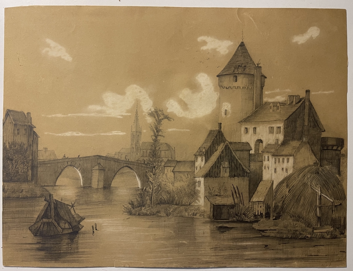 aval_1865_france_castle_and_mayenne_river_signed_graphite_and_chalk_drawing