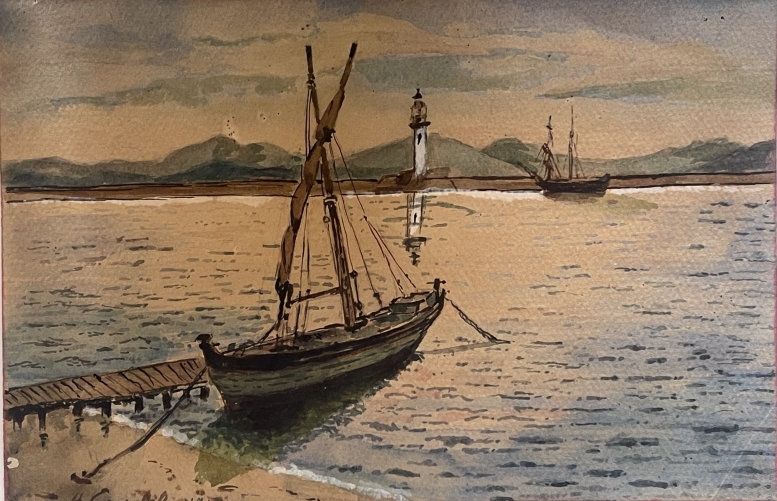 cannes,_alpes-maritimes_???_barque_et_ancien_phare_du_vieux-port__aquarelle_signee_h__gaudel__1917