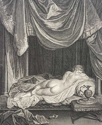 le_repos_engraving_c_e_gaucher_after_gaspard_netscher_reclining_female_nude