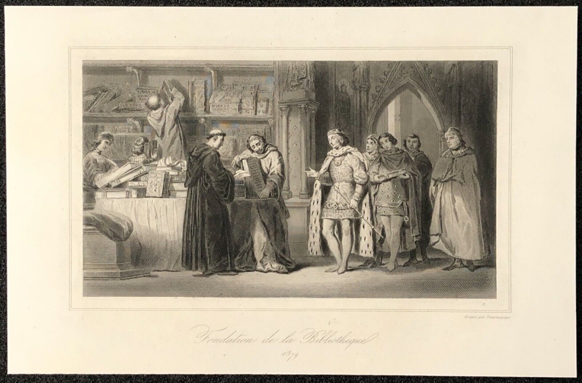 fondation_de_la_bibliotheque_en_1379_charles_v_gravure_1838_graveur_pourvoyeur