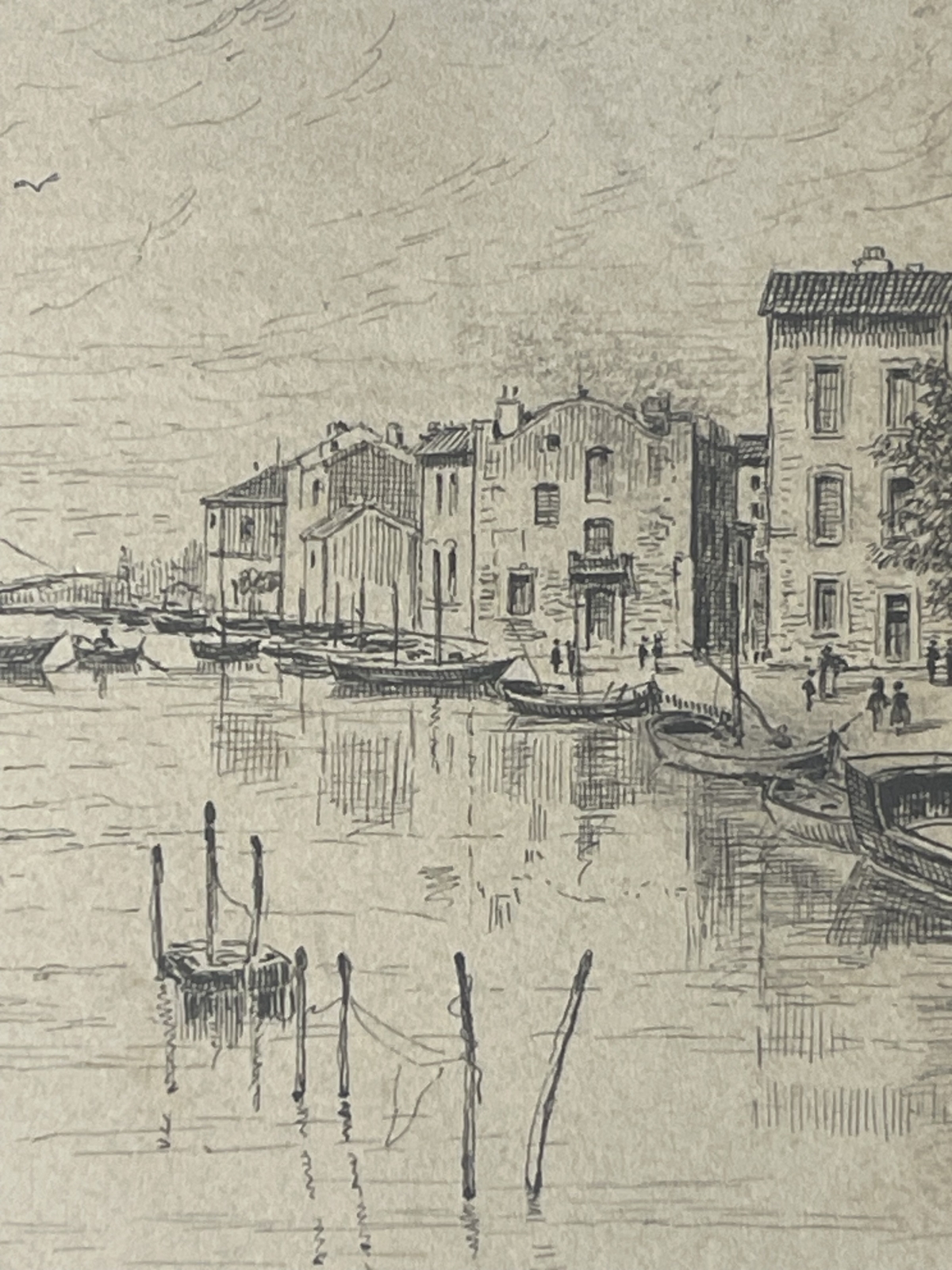 martigues_1898_waterfront_scene_provence_france_antique_drawing_with_boats