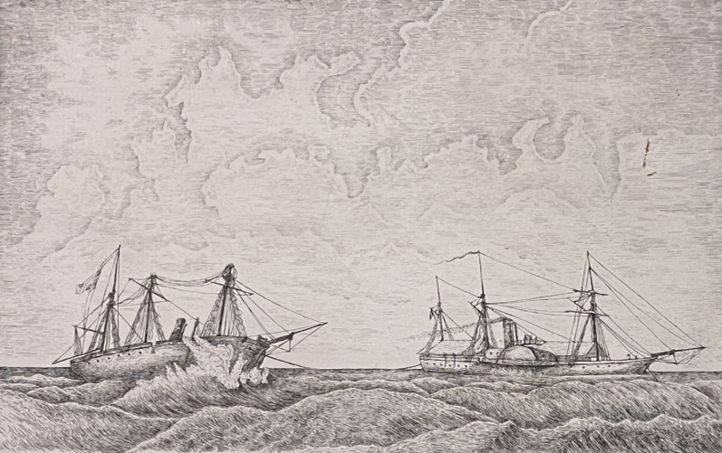 deux_navires_grees_yacht_a_vapeur_trois_mats_gravure_pointe_seche_c_1850_anonyme