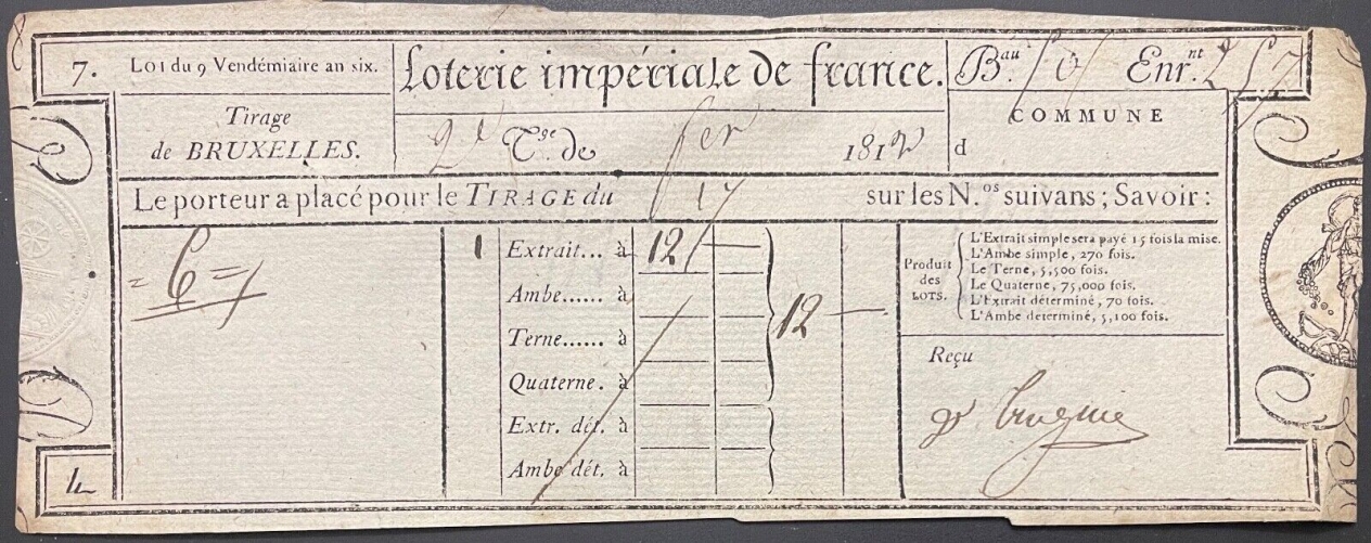 belgique_billet_loterie_imperiale_tirage_de_bruxelles_1812_napoleon_loto_jeu