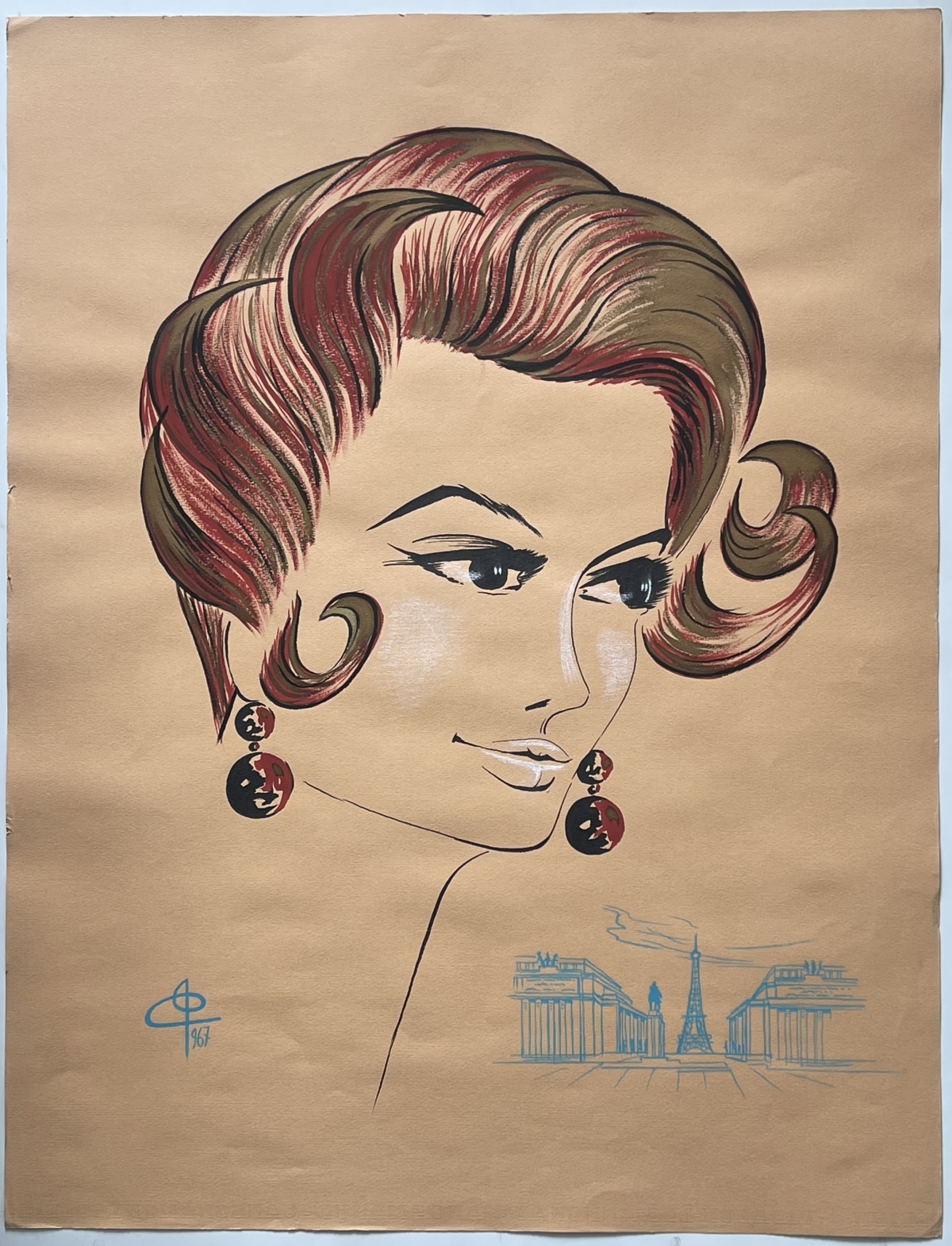 mode_paris_france_coiffure_1967_peinture_grande_technique_mixte_signee