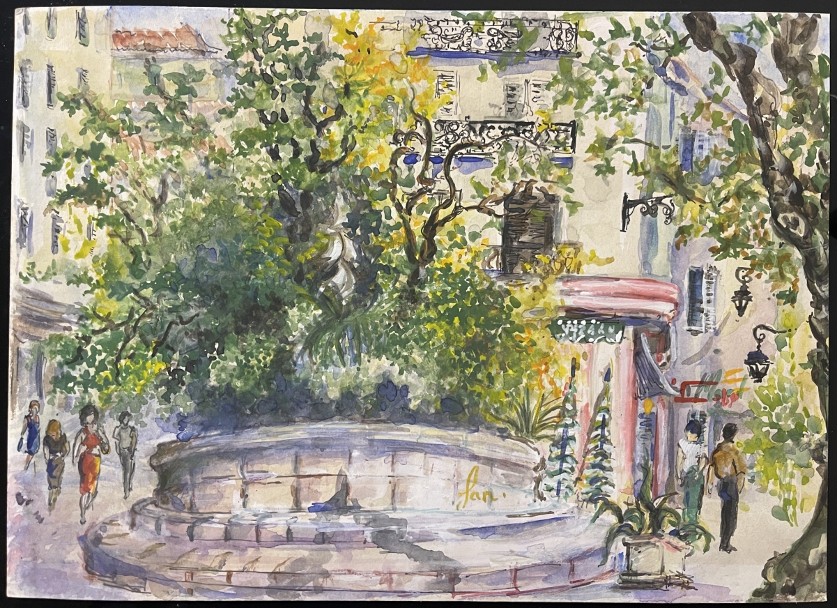 toulon_place_puget_la_fontaine_des_trois_dauphins_aquarelle_1991_provence_france