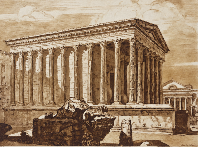 nimes_gard_la_maison_carree_gravure_sepia_vers_1942_temple_romain