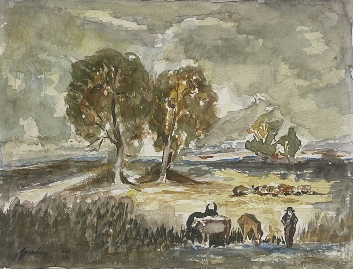 camargue_aquarelle_taureau_et_vaches_signee_jourdan_vers_1990_provence_france