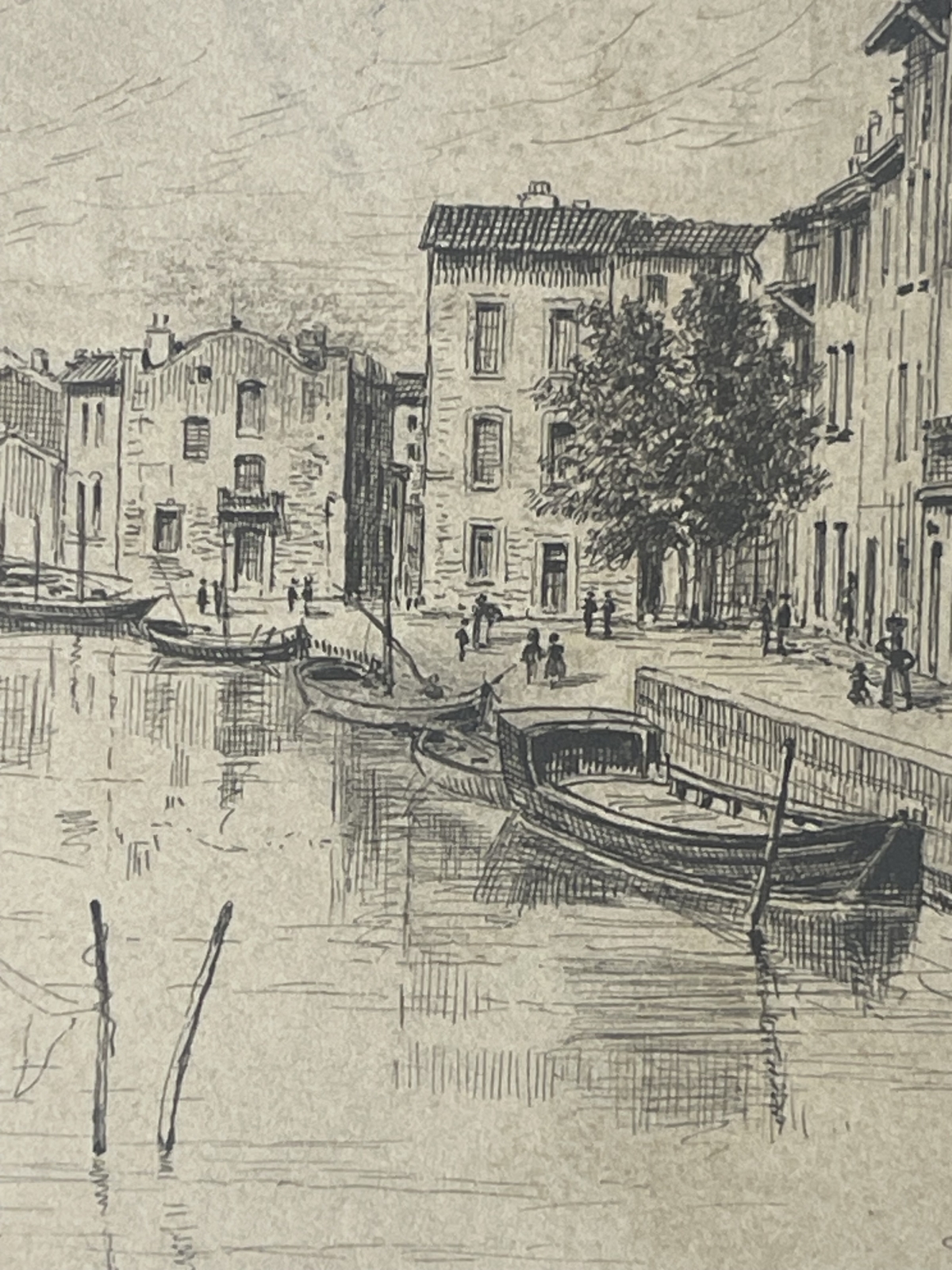 martigues_1898_waterfront_scene_provence_france_antique_drawing_with_boats