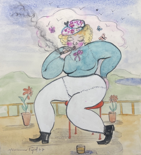 femme_a_la_cigarette_aquarelle_signee_pujol_1977_france