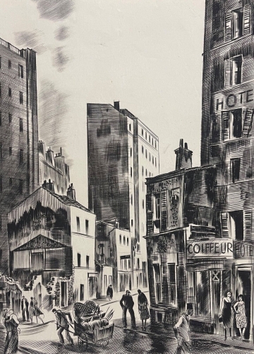 paris_rue_animee_par_albert_decaris_1949_gravure_au_burin_france