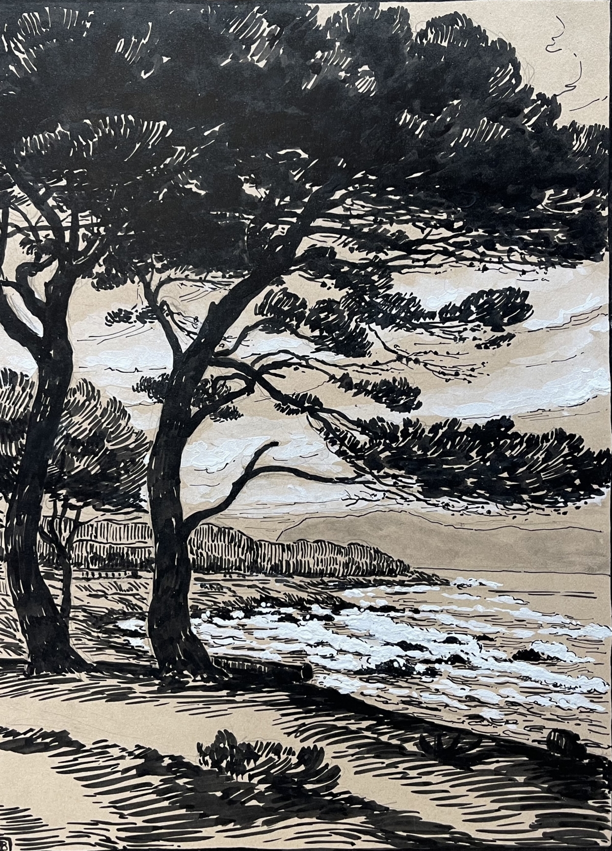 alpes-maritimes_pins_parasols_et_bord_de_mer_vers_1930_encre