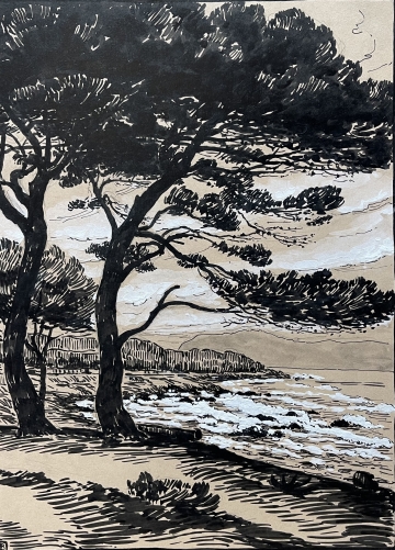 alpes-maritimes_pins_parasols_et_bord_de_mer_vers_1930_encre