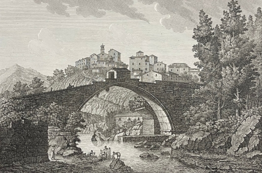 vicano_a_pelago_italie_gravure_originale_vers_1824_pont