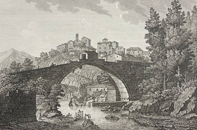 vicano_a_pelago_italie_gravure_originale_vers_1824_pont