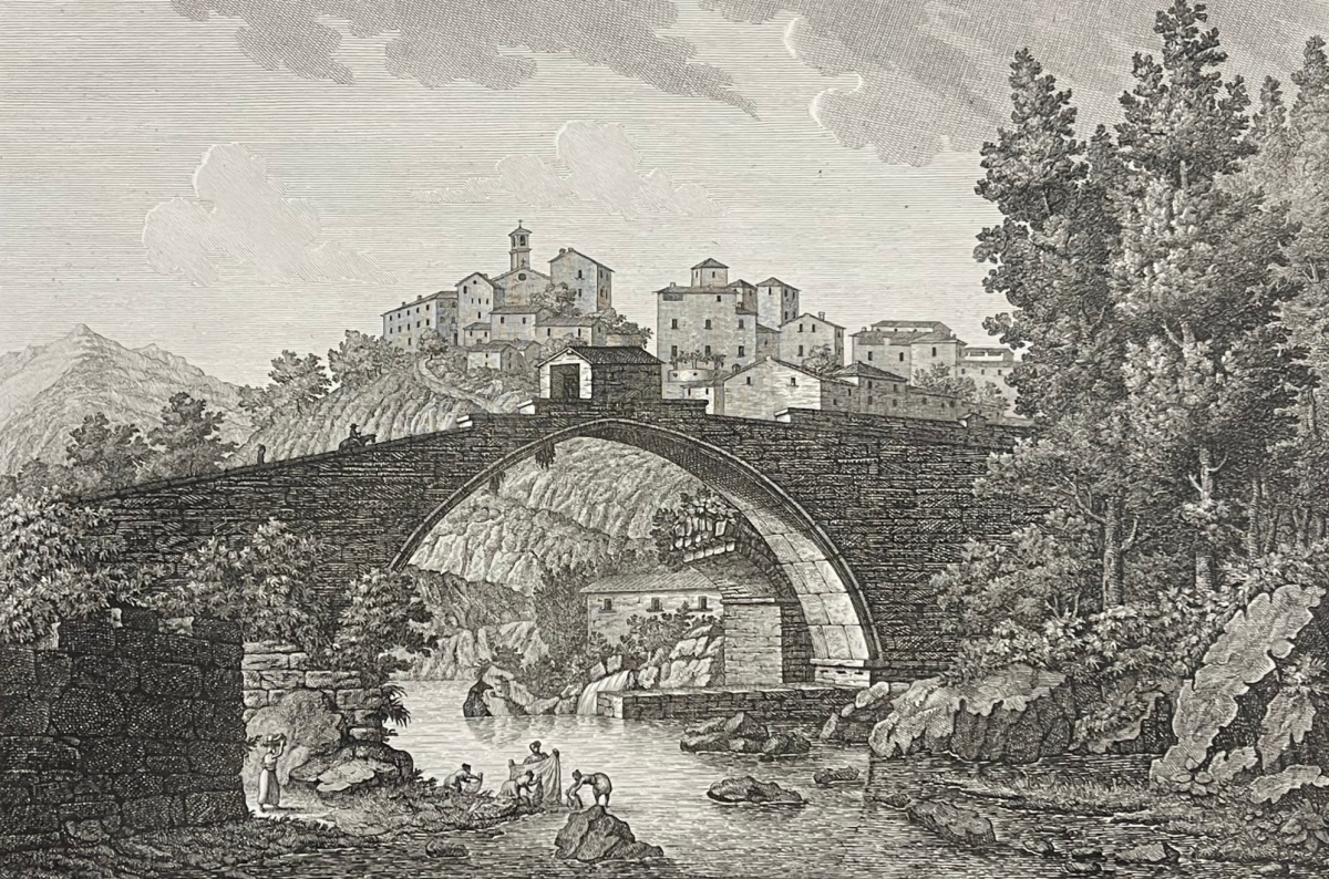 vicano_a_pelago_italie_gravure_originale_vers_1824_pont