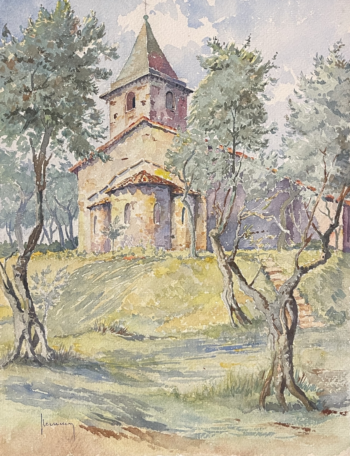 eglise_romane_a_priori_nouvelle-aquitaine_aquarelle_vers_1935_france