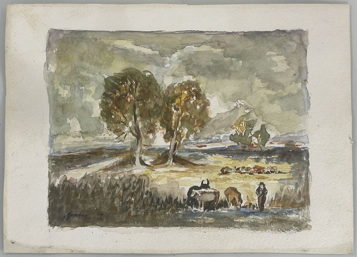 camargue_aquarelle_taureau_et_vaches_signee_jourdan_vers_1990_provence_france