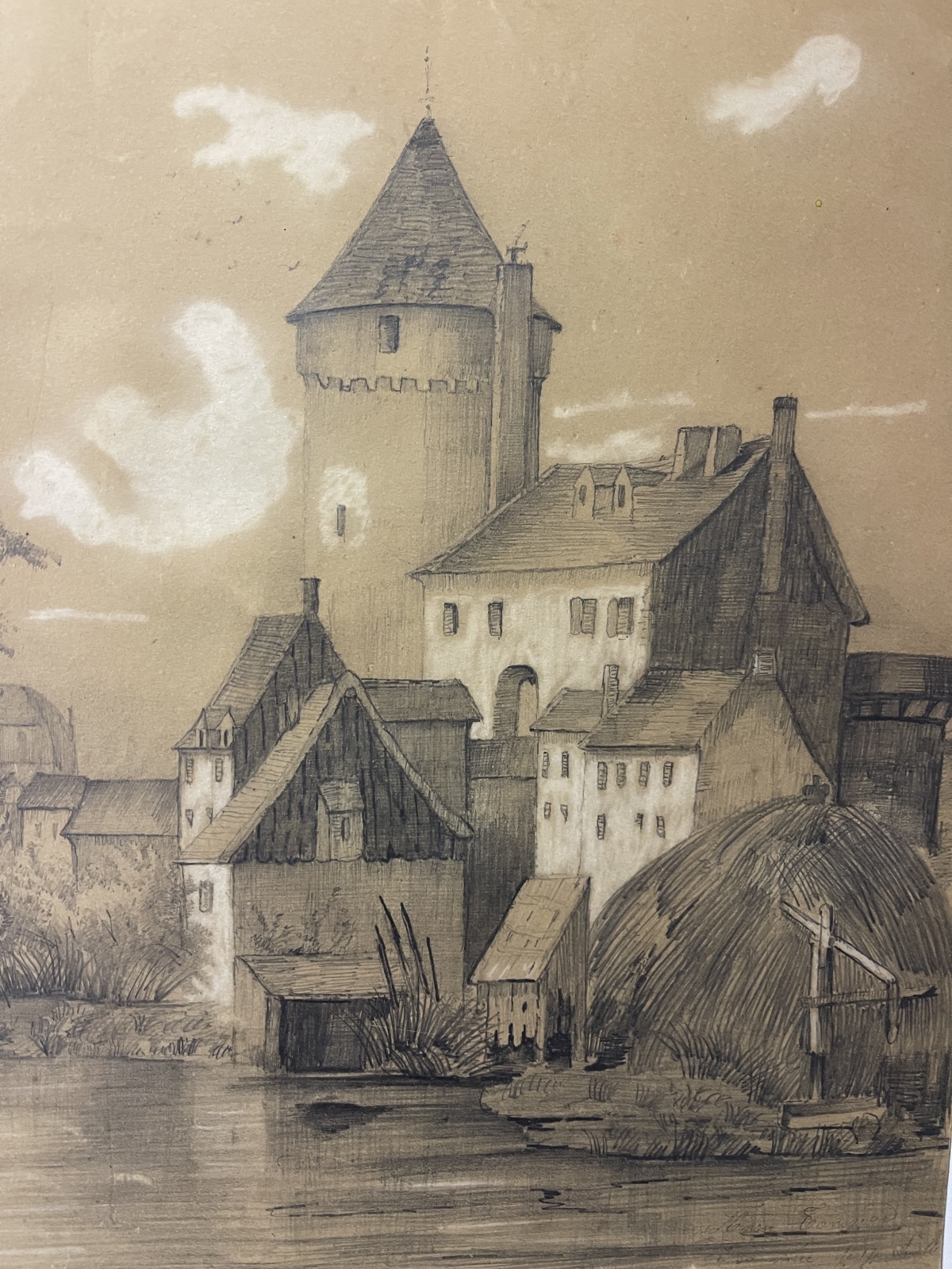 aval_1865_france_castle_and_mayenne_river_signed_graphite_and_chalk_drawing